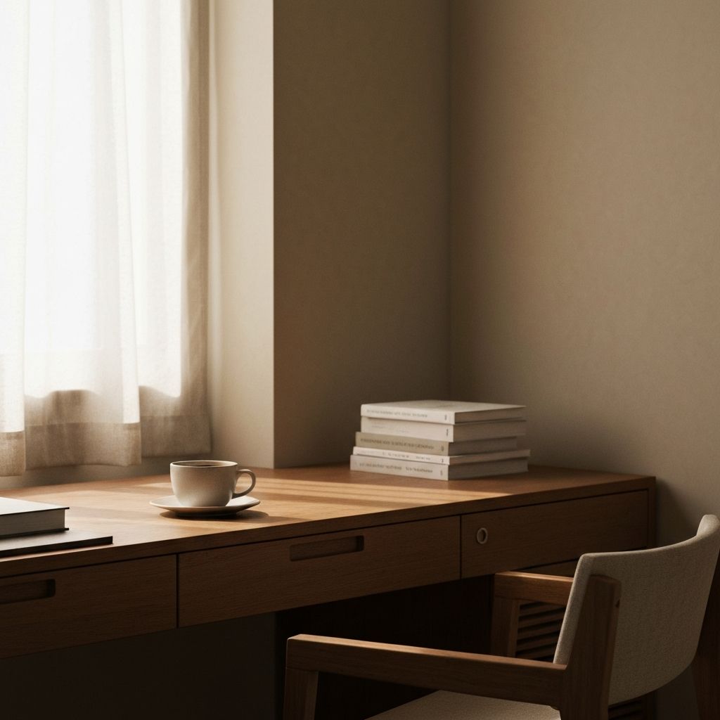 Warm workspace with books and coffee